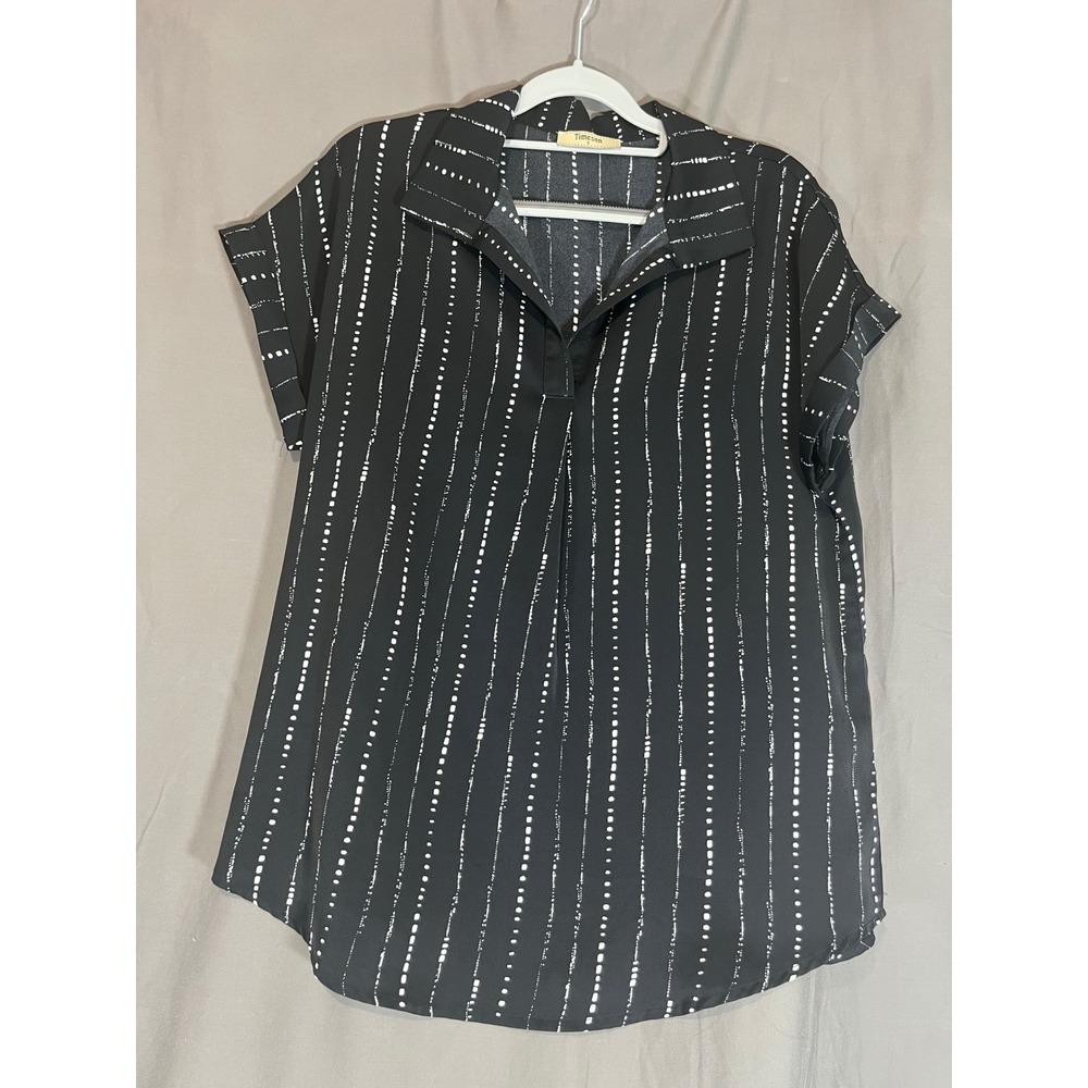 Timeson Womens Black White Dotted Stripe V-Neck Short Sleeve Blouse Small‎